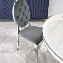 Garnero Arredamenti Tavoli In Vetro|Tavoli Da Pranzo-Tavolo da pranzo rotondo 120cm effetto marmo bianco cromato argento Selim Marmo bianco - Argento