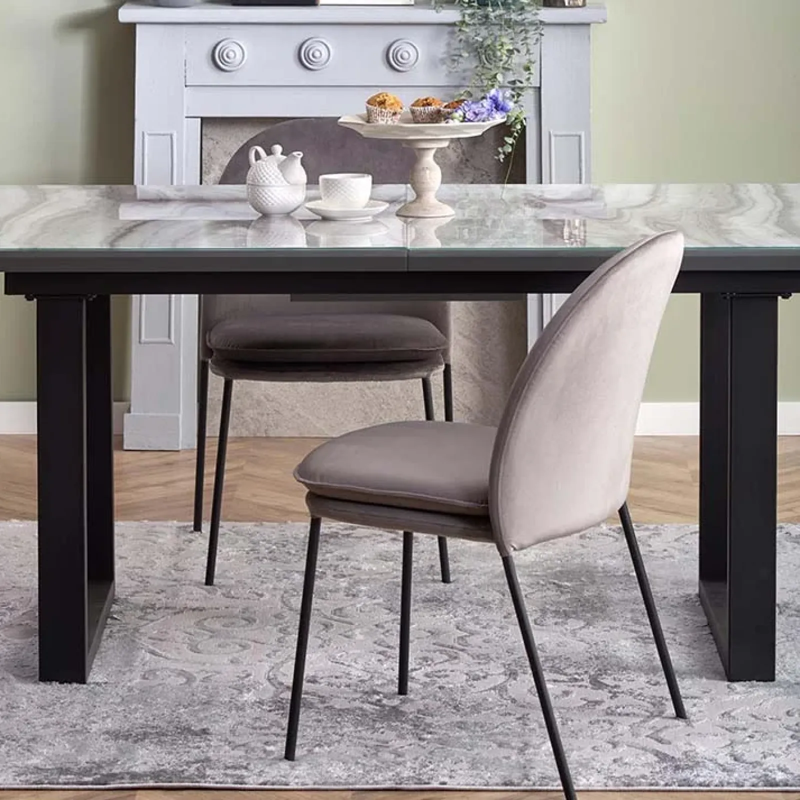 Garnero Arredamenti Tavoli Da Pranzo|Tavoli Allungabili-Tavolo in vetro 160/200cm allungabile marmo bianco grigio Jeff