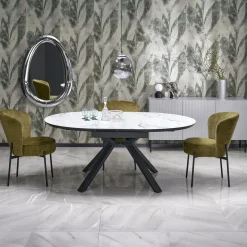 Garnero Arredamenti Tavoli Rotondi|Tavoli Da Pranzo-Tavolo rotondo allungabile 130/180cm vetro effetto marmo bianco nero Galact