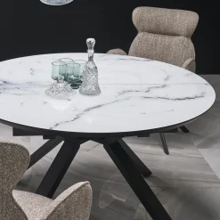 Garnero Arredamenti Tavoli Rotondi|Tavoli Da Pranzo-Tavolo rotondo allungabile 130/180cm vetro effetto marmo bianco nero Galact