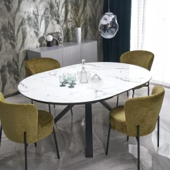 Garnero Arredamenti Tavoli Rotondi|Tavoli Da Pranzo-Tavolo rotondo allungabile 130/180cm vetro effetto marmo bianco nero Galact