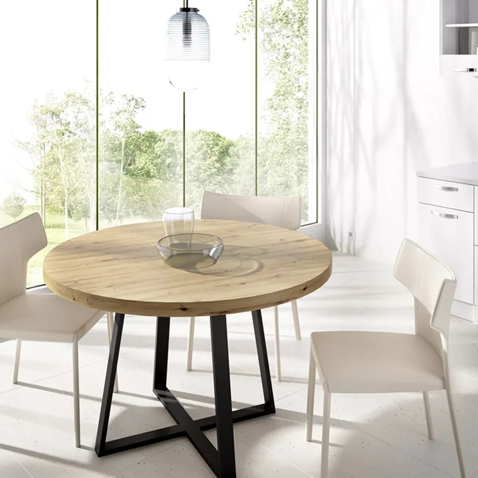 Garnero Arredamenti Tavoli In Legno|Tavoli Da Pranzo-Tavolo rotondo 120cm legno rovere e gambe nere Redondo