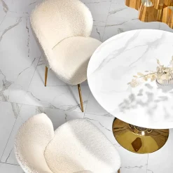 Garnero Arredamenti Tavoli Laccati|Tavoli Da Pranzo-Tavolo rotondo da sala 90x75cm marmo bianco effetto oro Rosselli