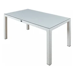 Garnero Arredamenti Tavoli Da Giardino|Tavoli Da Pranzo-Tavolo 150x90cm da giardino esterno bar dehors polipropilene effetto rattan bianco e vetro Ezio Bianco Opaco