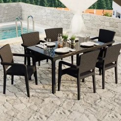 Garnero Arredamenti Tavoli Da Giardino|Tavoli Da Pranzo-Tavolo 150x90cm da giardino esterno bar dehors polipropilene effetto rattan e vetro Ezio Marrone
