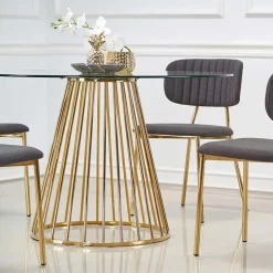 Garnero Arredamenti Tavoli In Vetro|Tavoli Da Pranzo-Tavolo 120x120cm rotondo in vetro acciaio cromato oro Kerman