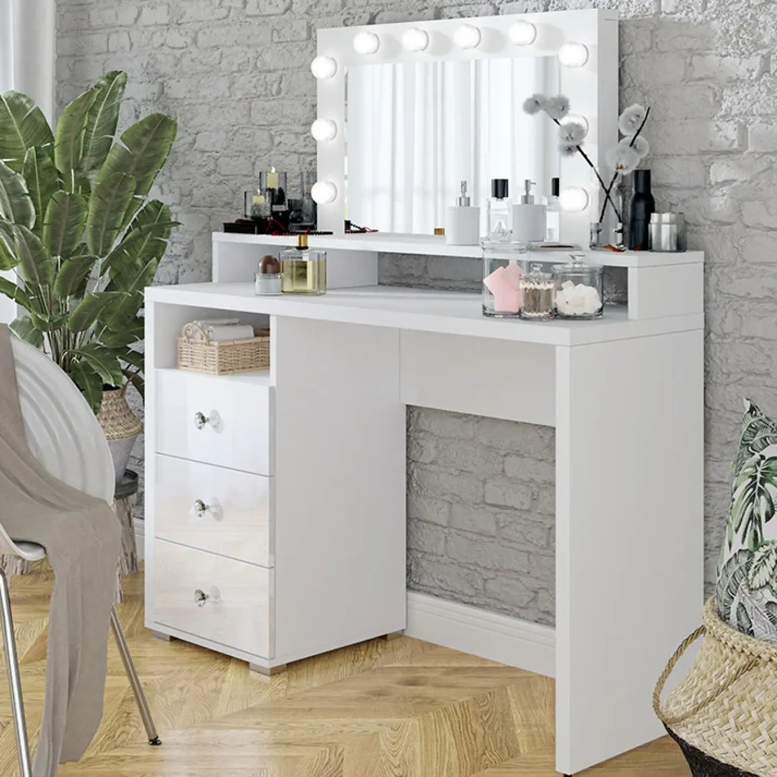 Garnero Arredamenti Scrivanie Per Ragazzi|Toeletta Trucco-Toeletta da trucco con cassetti 120x40cm con specchio e led bianco Eloisa