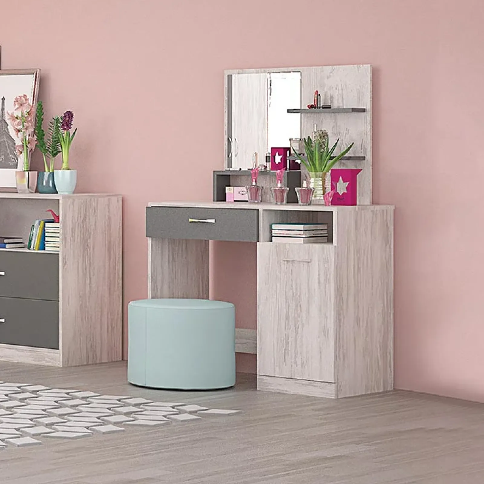 Garnero Arredamenti Toeletta Trucco-Toeletta da trucco con specchio 90x133cm bianco frassinato grigio Femme Bianco Frassinato - Grigio