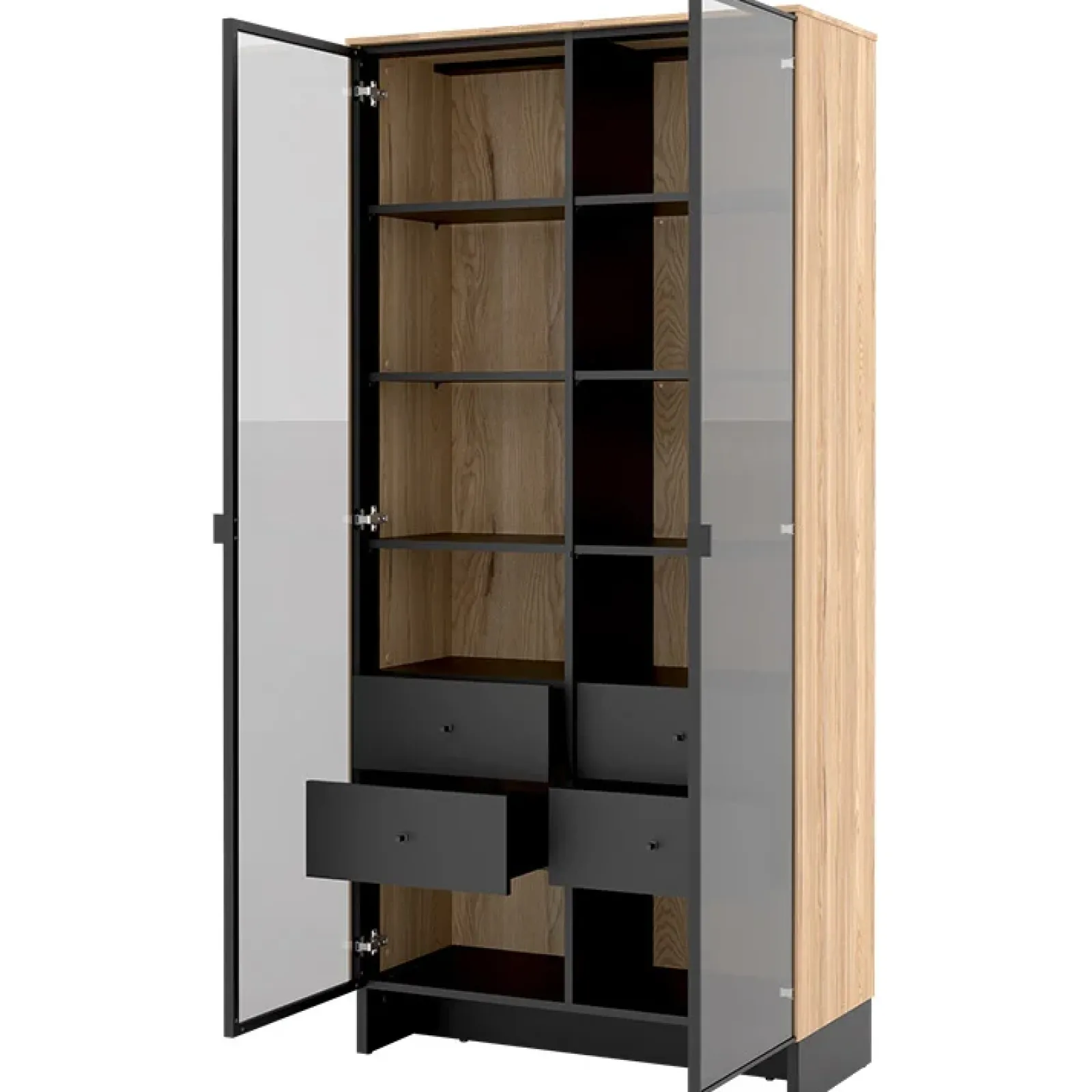 Garnero Arredamenti Vetrinette|Vetrinette-Vetrina alta 92x196h cm 2 ante vetro 4 cassetti interni rovere nero Alabaster