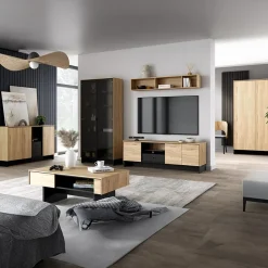 Garnero Arredamenti Vetrinette|Vetrinette-Vetrina alta 92x196h cm 2 ante vetro 4 cassetti interni rovere nero Alabaster