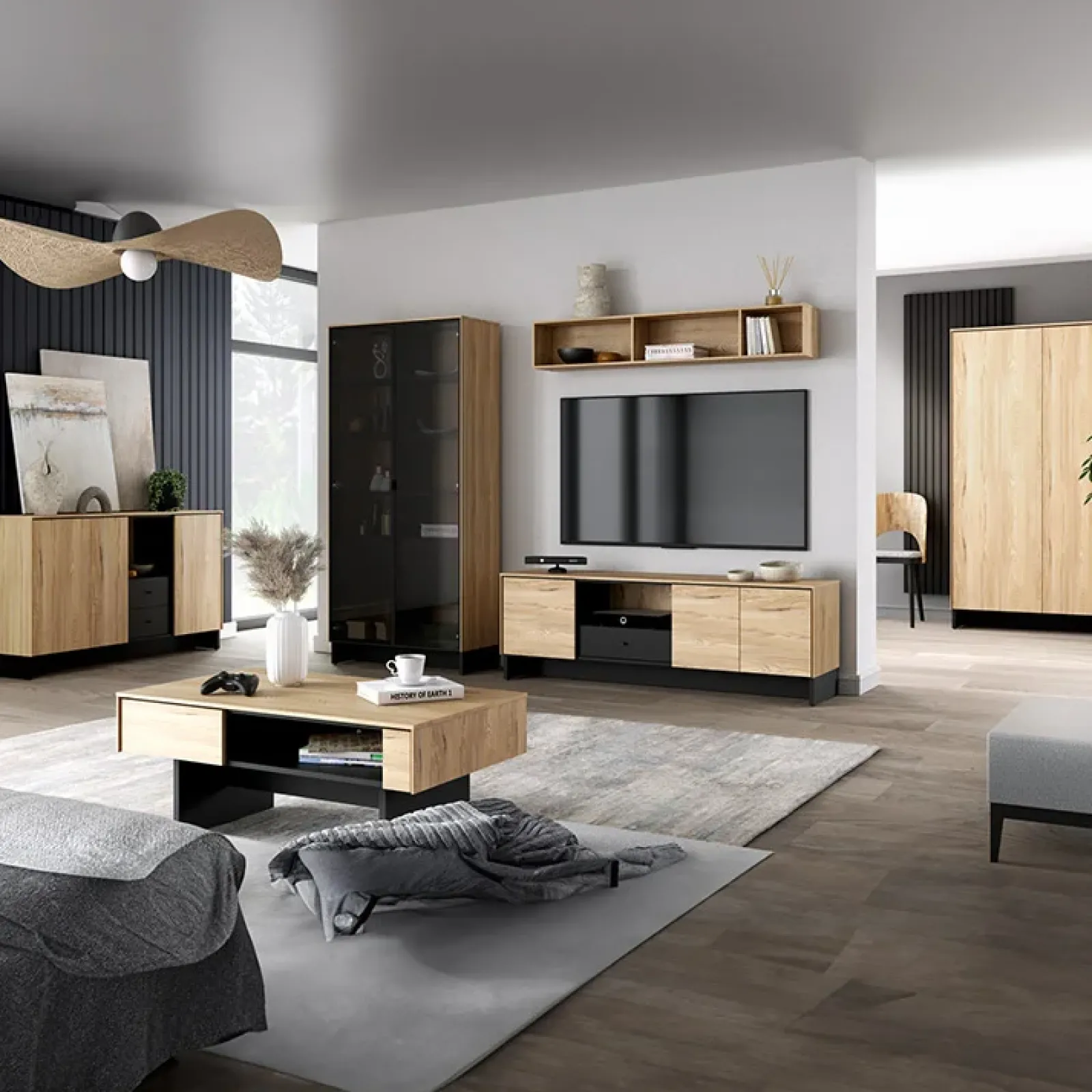 Garnero Arredamenti Vetrinette|Vetrinette-Vetrina alta 92x196h cm 2 ante vetro 4 cassetti interni rovere nero Alabaster