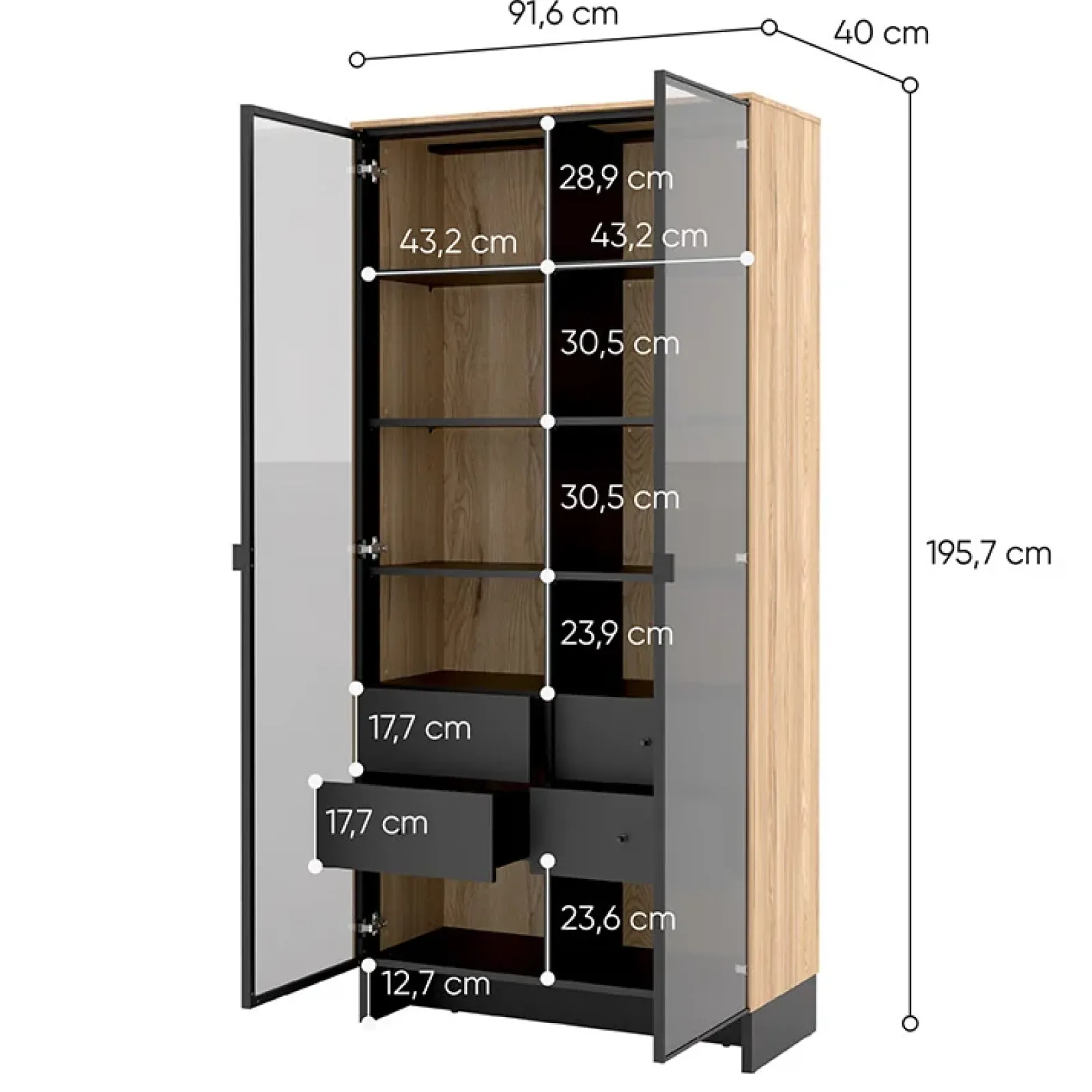 Garnero Arredamenti Vetrinette|Vetrinette-Vetrina alta 92x196h cm 2 ante vetro 4 cassetti interni rovere nero Alabaster