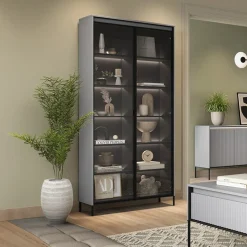Garnero Arredamenti Vetrinette|Vetrinette-Vetrina alta 92x196h cm 2 ante led nero Camelia Grigio