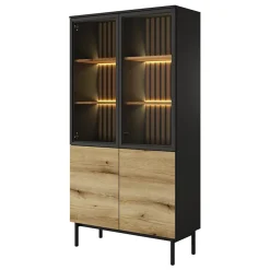 Garnero Arredamenti Vetrinette|Vetrinette-Vetrina alta 100x189h cm 4 ante con led nero opaco rovere Amel