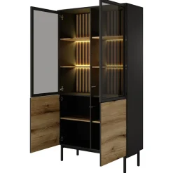 Garnero Arredamenti Vetrinette|Vetrinette-Vetrina alta 100x189h cm 4 ante con led nero opaco rovere Amel