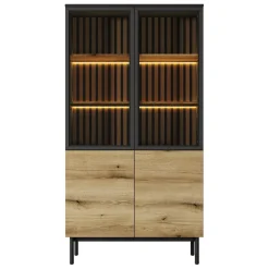 Garnero Arredamenti Vetrinette|Vetrinette-Vetrina alta 100x189h cm 4 ante con led nero opaco rovere Amel