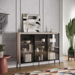 Garnero Arredamenti Vetrinette|Vetrinette-Vetrina bassa 150x118h cm 3 ante led nero Camelia Beige