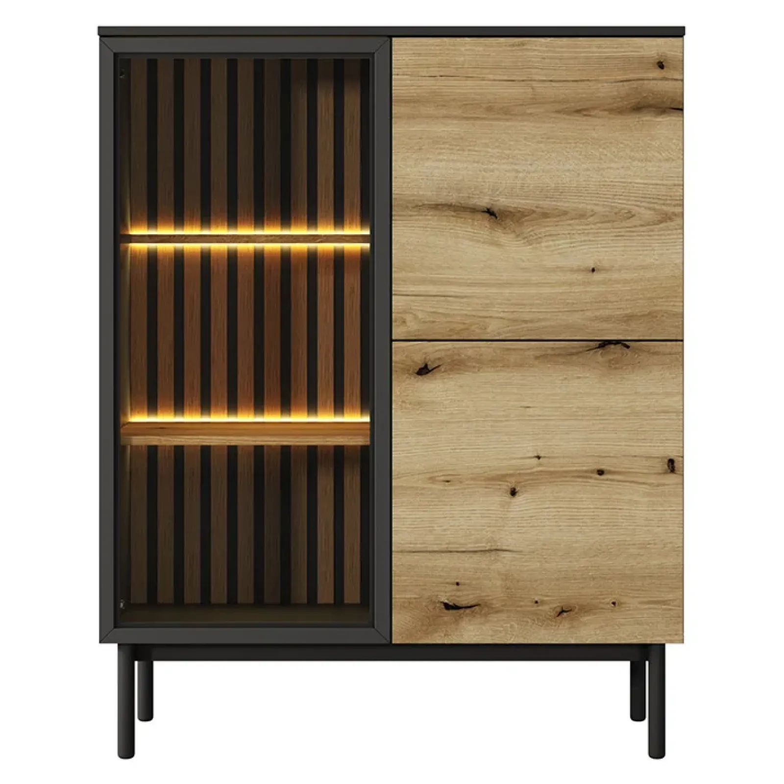 Garnero Arredamenti Vetrinette|Vetrinette-Vetrina bassa 100x126h cm 3 ante con led nero opaco rovere Amel