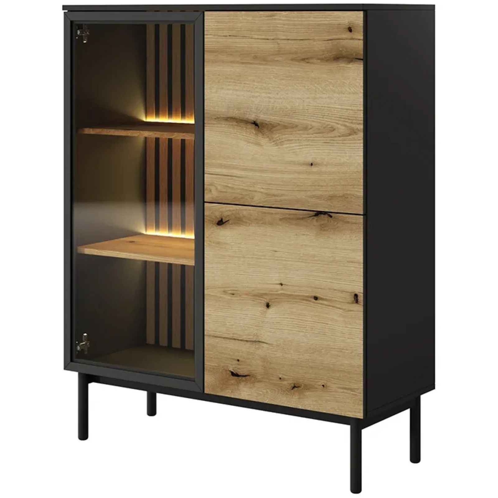 Garnero Arredamenti Vetrinette|Vetrinette-Vetrina bassa 100x126h cm 3 ante con led nero opaco rovere Amel