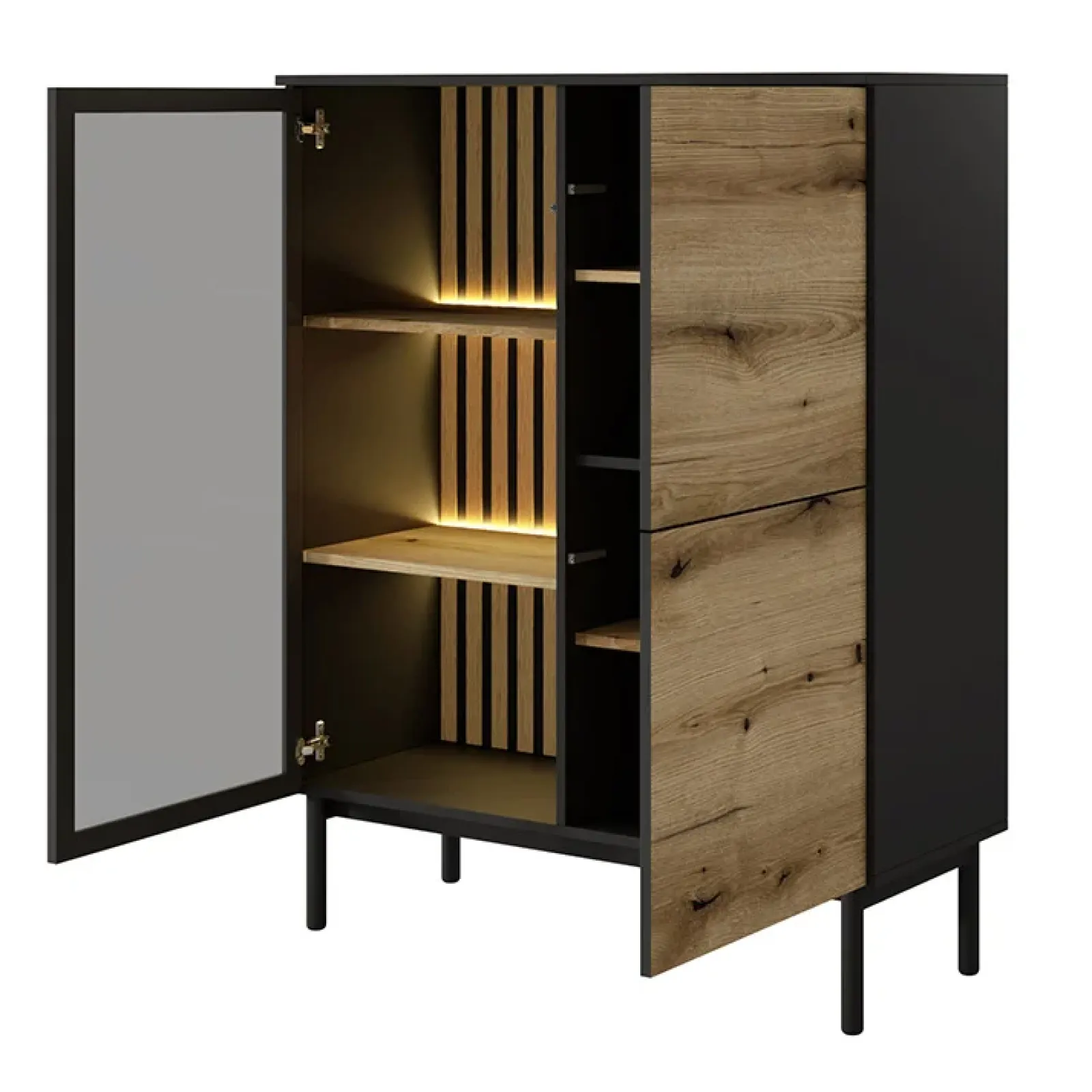 Garnero Arredamenti Vetrinette|Vetrinette-Vetrina bassa 100x126h cm 3 ante con led nero opaco rovere Amel