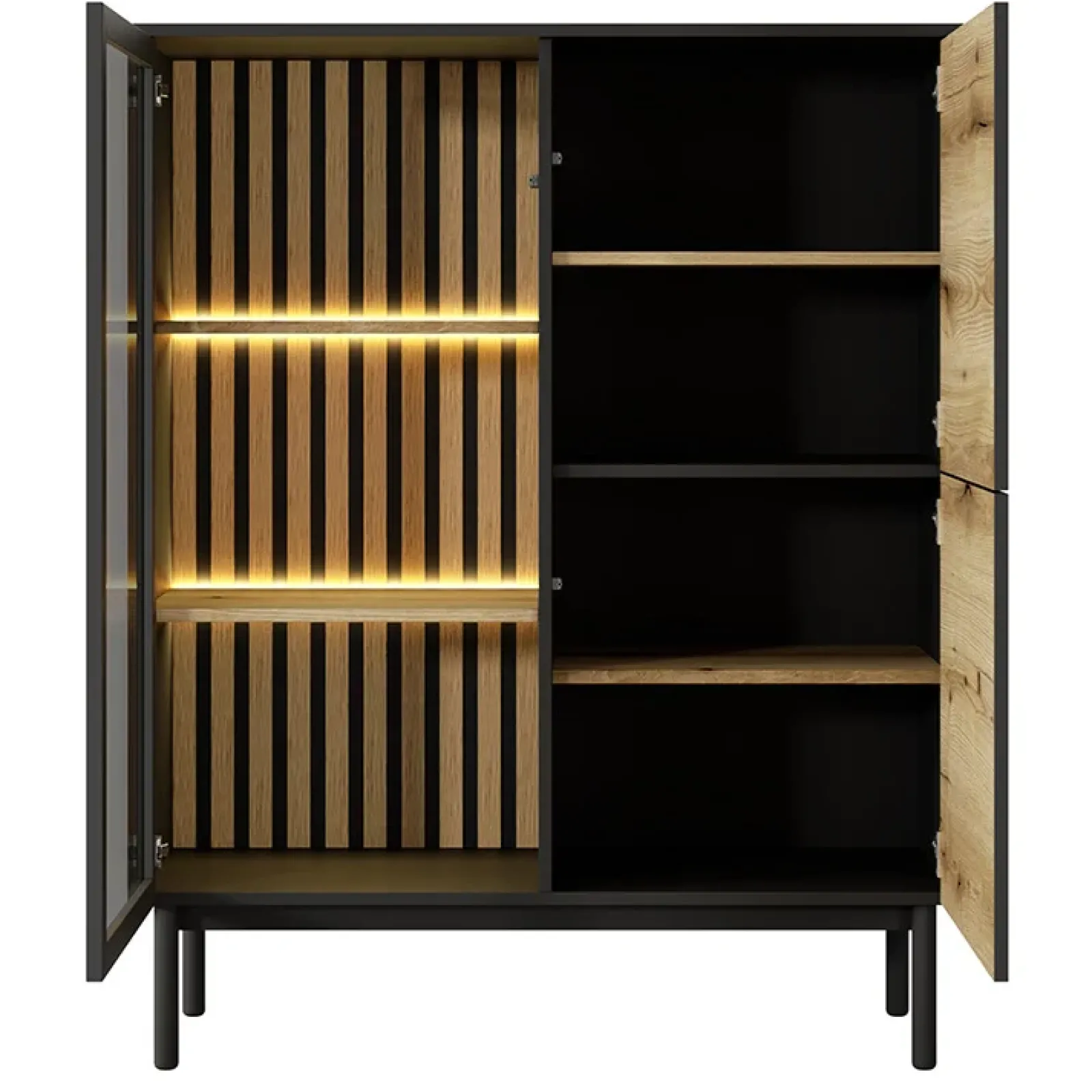 Garnero Arredamenti Vetrinette|Vetrinette-Vetrina bassa 100x126h cm 3 ante con led nero opaco rovere Amel