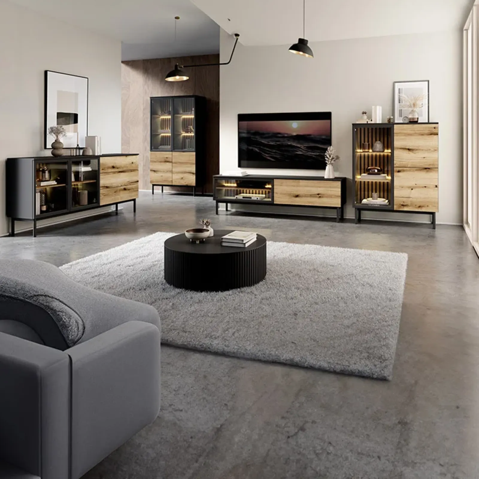 Garnero Arredamenti Vetrinette|Vetrinette-Vetrina bassa 100x126h cm 3 ante con led nero opaco rovere Amel