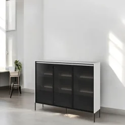 Garnero Arredamenti Vetrinette|Vetrinette-Vetrina bassa 150x118h cm 3 ante led nero Camelia Bianco Opaco