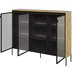 Garnero Arredamenti Vetrinette|Vetrinette-Vetrina bassa 150x118h cm 3 ante led nero Camelia Rovere Rustico