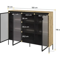 Garnero Arredamenti Vetrinette|Vetrinette-Vetrina bassa 150x118h cm 3 ante led nero Camelia Rovere Rustico