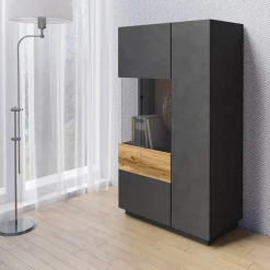 Garnero Arredamenti Vetrinette|Vetrinette-Vetrina bassa 80x139h cm 2 ante sinistra antracite rovere Bahama Antracite - Rovere Rustico