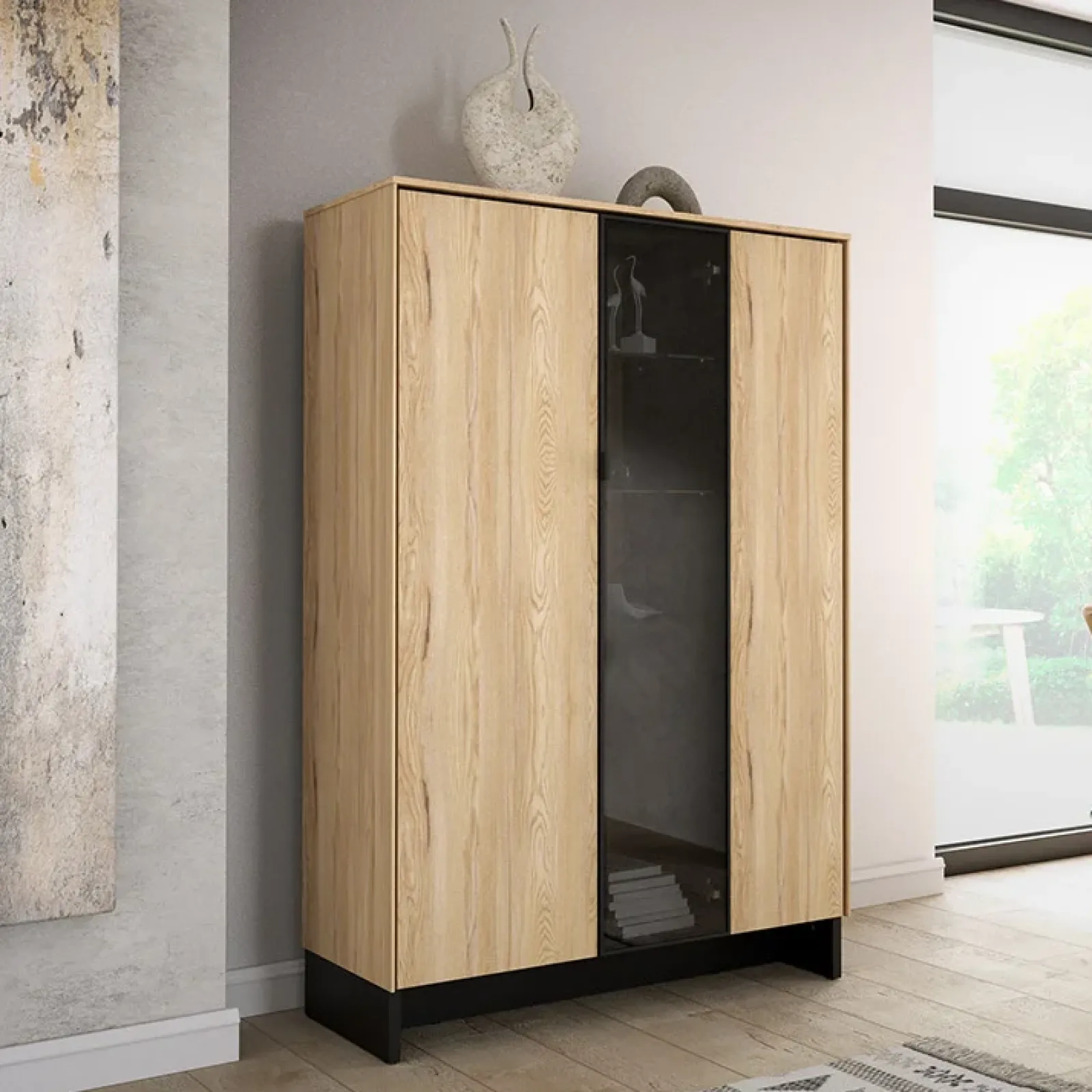 Garnero Arredamenti Vetrinette|Vetrinette-Vetrina bassa 102x152h cm 2 ante 2 cassetti interni rovere nero Alabaster