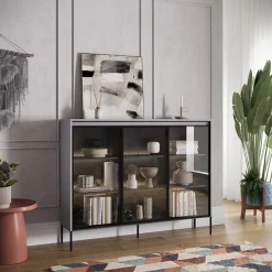 Garnero Arredamenti Vetrinette|Vetrinette-Vetrina bassa 150x118h cm 3 ante led nero Camelia Grigio