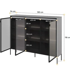 Garnero Arredamenti Vetrinette|Vetrinette-Vetrina bassa 150x118h cm 3 ante led nero Camelia Grigio