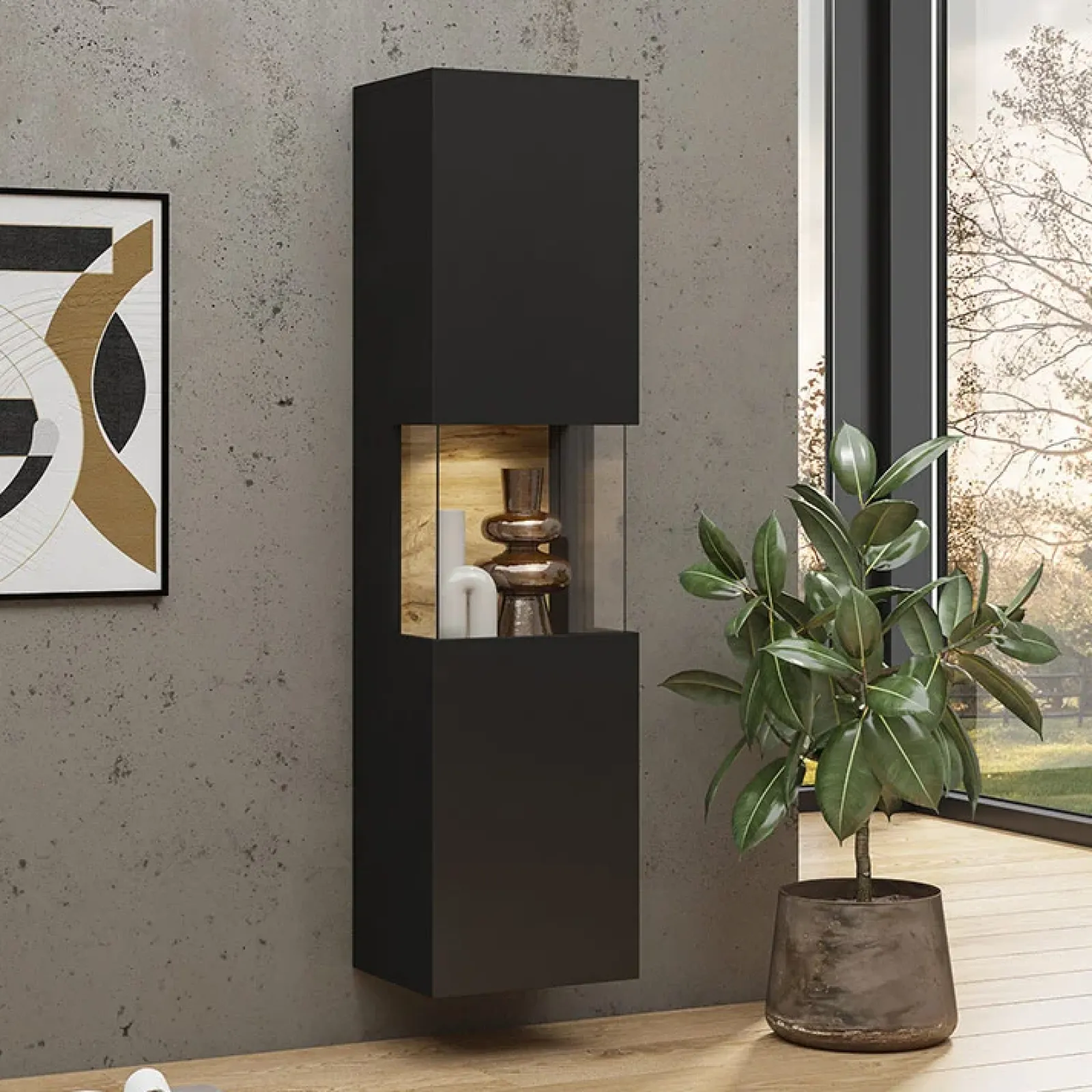 Garnero Arredamenti Vetrinette|Vetrinette-Vetrina sospesa 36x140h cm da parete nero rovere Fusion Nero Opaco