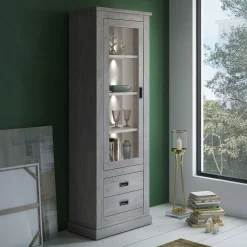 Garnero Arredamenti Vetrinette|Vetrinette-Vetrina 73x204h cm 1 anta 2 cassetti soggiorno nero Islen Rovere Grigio