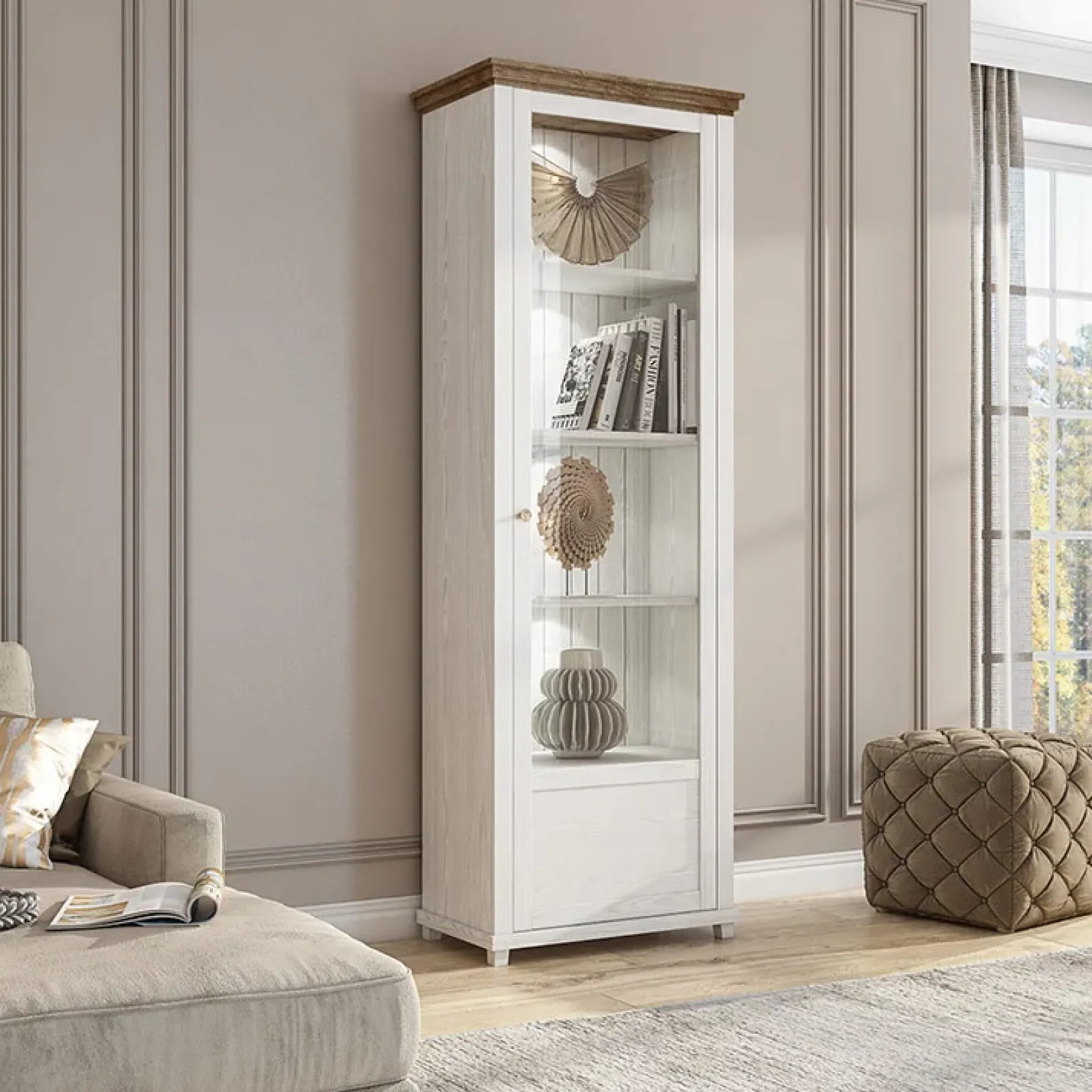 Garnero Arredamenti Vetrinette|Vetrinette-Vetrina 71x200h cm 1 anta destra rovere Texel Bianco Frassinato