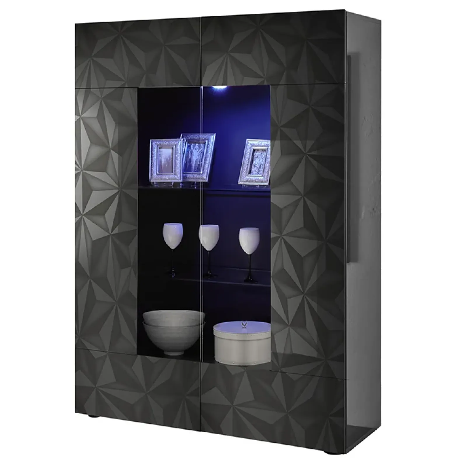 Garnero Arredamenti Vetrinette|Vetrinette-Vetrina 121x166h cm 2 ante grigio laccato lucido con serigrafia Marvis