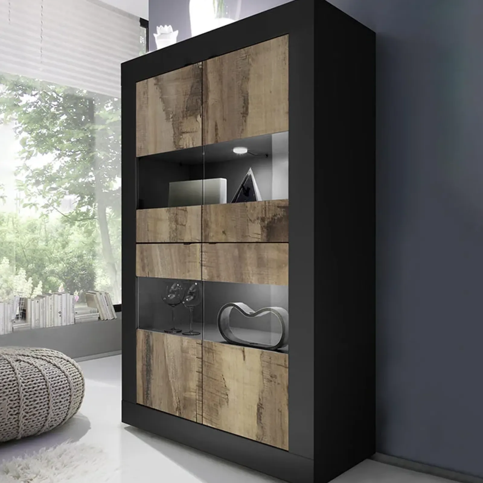Garnero Arredamenti Vetrinette|Vetrinette-Vetrina 102x162h cm 4 ante moderna nero pero Eternity Nero Opaco - Rovere