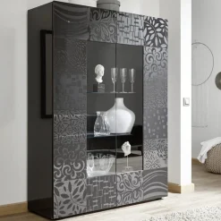 Garnero Arredamenti Vetrinette|Vetrinette-Vetrina 121x166h cm 2 ante moderna grigio scuro con serigrafia Paradise Antracite