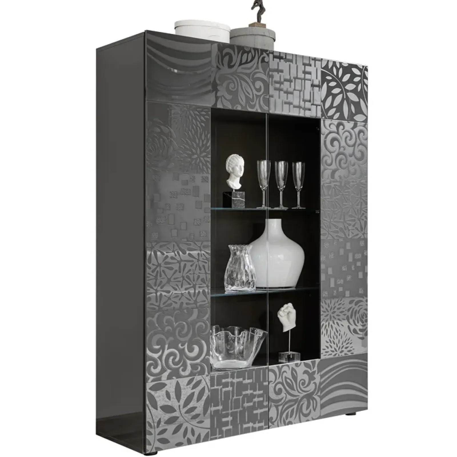 Garnero Arredamenti Vetrinette|Vetrinette-Vetrina 121x166h cm 2 ante moderna grigio scuro con serigrafia Paradise Antracite