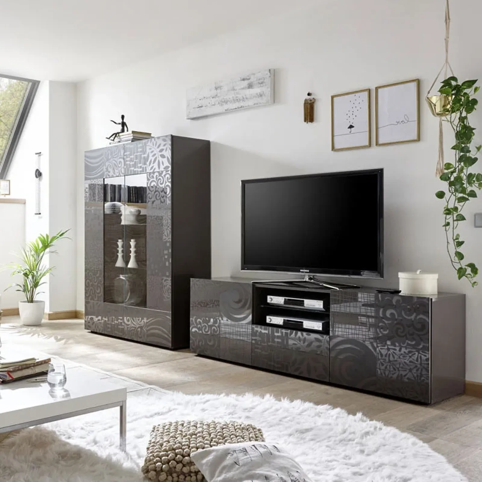 Garnero Arredamenti Vetrinette|Vetrinette-Vetrina 121x166h cm 2 ante moderna grigio scuro con serigrafia Paradise Antracite