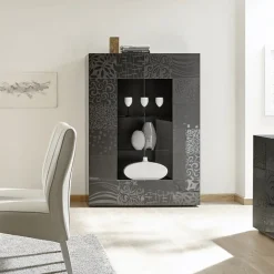 Garnero Arredamenti Vetrinette|Vetrinette-Vetrina 121x166h cm 2 ante moderna grigio scuro con serigrafia Paradise Antracite