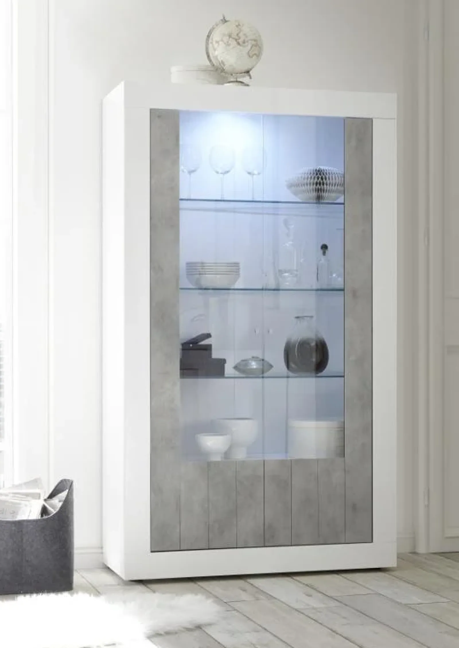 Garnero Arredamenti Vetrinette|Vetrinette-Vetrina 110x190h cm 2 ante moderno bianco lucido cemento Florena Cemento - Bianco Lucido