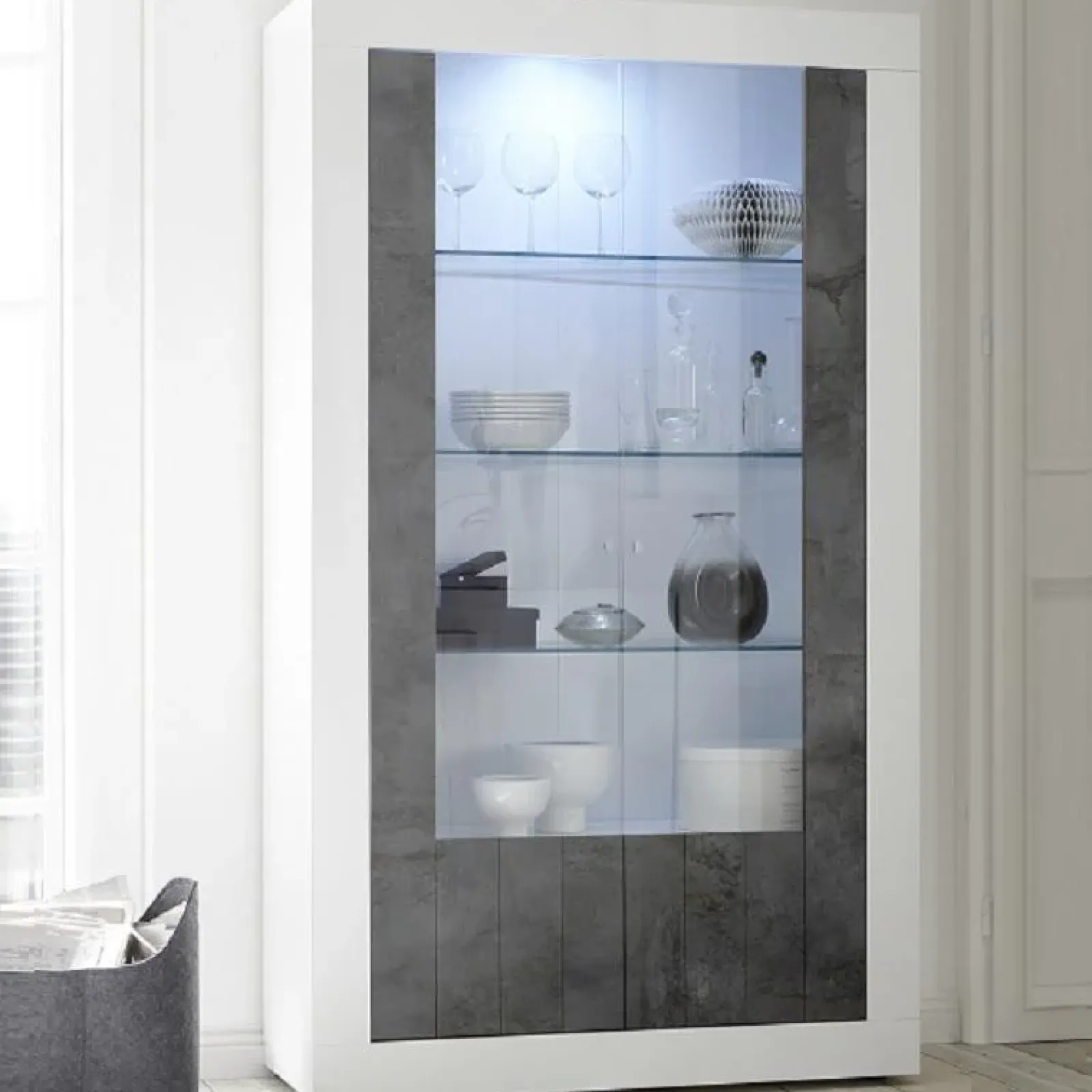 Garnero Arredamenti Vetrinette|Vetrinette-Vetrina 110x190h cm 2 ante moderno bianco lucido ossido Florena Ossido - Bianco Lucido