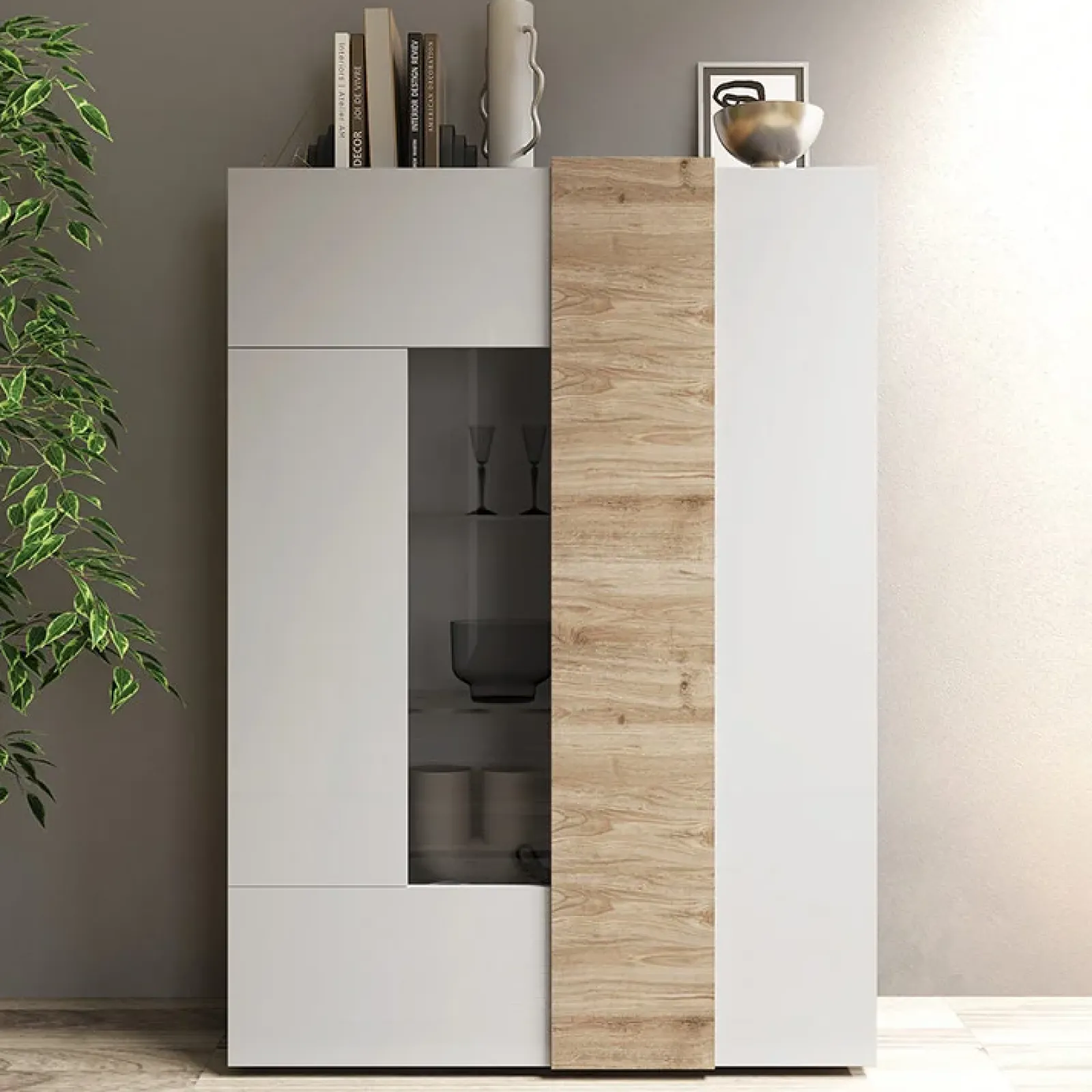 Garnero Arredamenti Vetrinette|Vetrinette-Vetrina 121x168h cm 2 ante moderna bianco lucido rovere Universal Bianco Lucido - Rovere