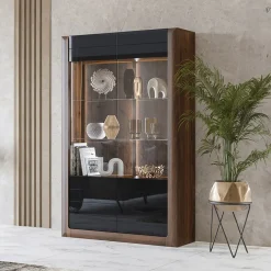 Garnero Arredamenti Vetrinette|Vetrinette-Vetrina 129x200h cm 2 ante noce nero lucido Jumbo Nero Lucido - Noce