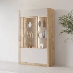 Garnero Arredamenti Vetrinette|Vetrinette-Vetrina 129x200h cm 2 ante rovere tortora lucido Jumbo Tortora - Rovere