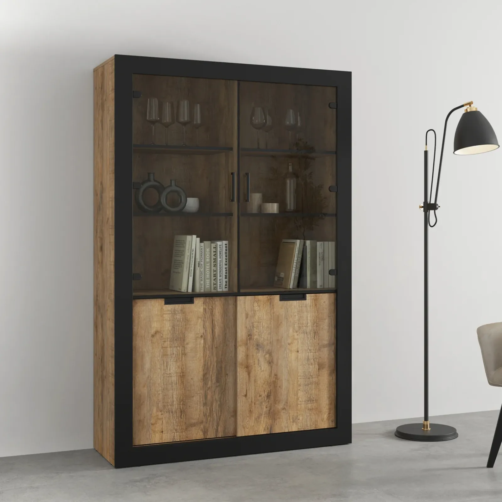 Garnero Arredamenti Vetrinette|Vetrinette-Vetrina 120x187h cm 4 ante rovere rustico nero Ilyssa