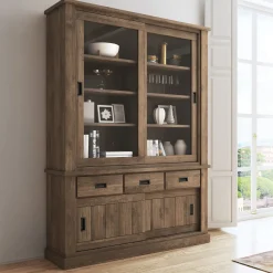 Garnero Arredamenti Vetrinette|Vetrinette-Vetrina 150x204h cm 4 ante scorrevoli 3 cassetti soggiorno nero Islen Noce