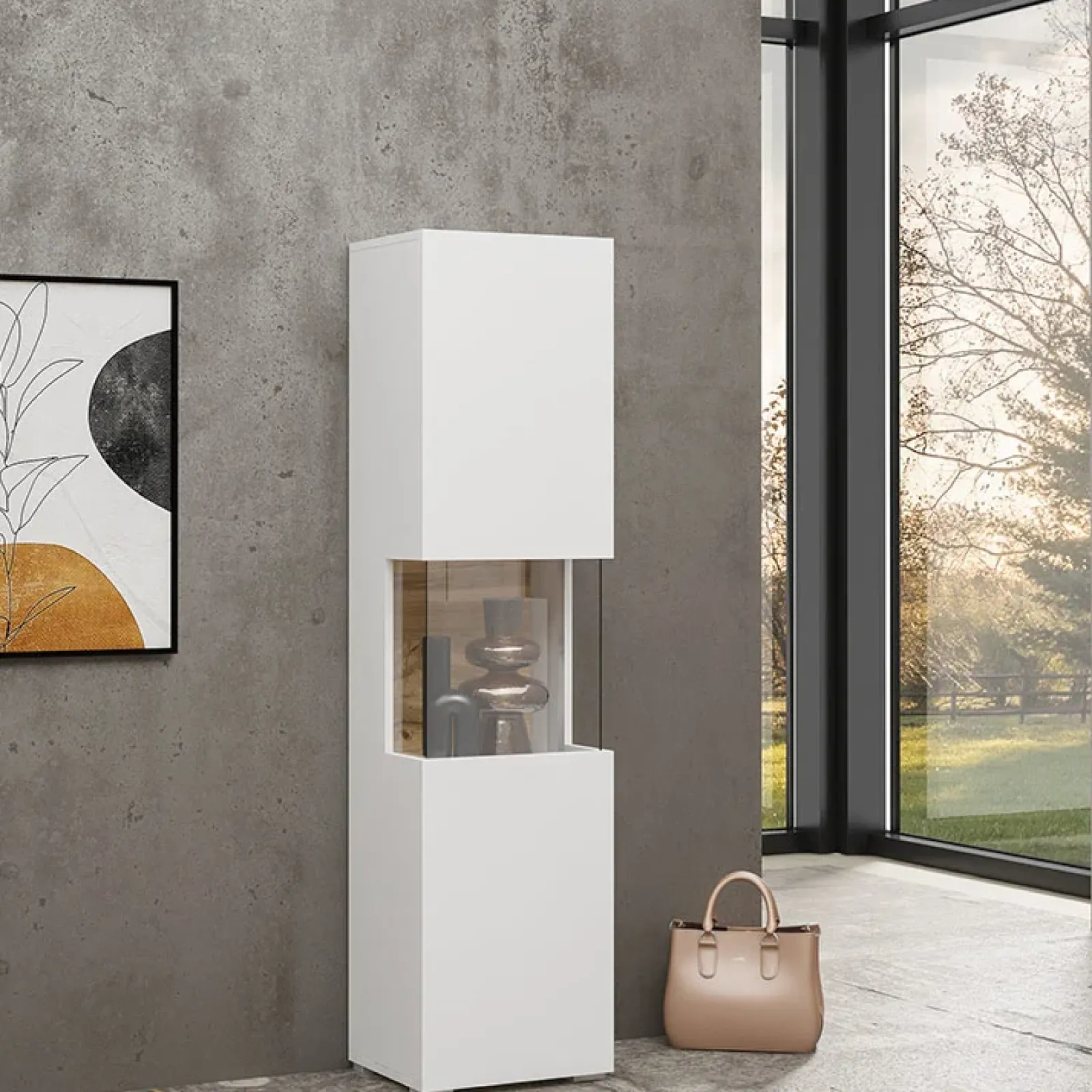 Garnero Arredamenti Vetrinette|Vetrinette-Vetrina 36x140h cm da parete bianco rovere Fusion Bianco Opaco